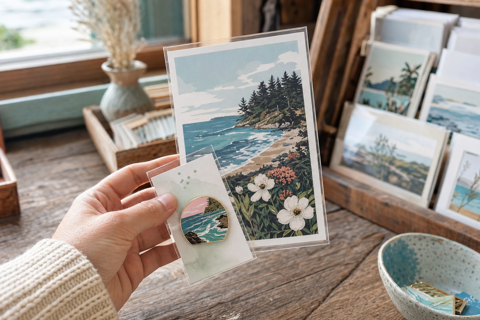 Coastal art print and enamel pin in a small shop