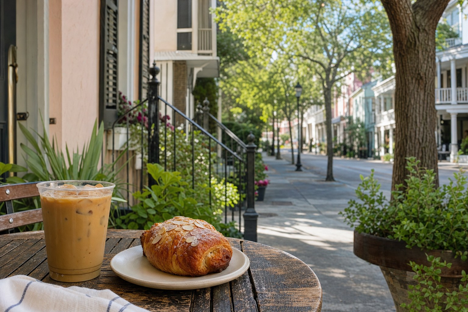 Iced coffee and pastry beside a leafy coastal street