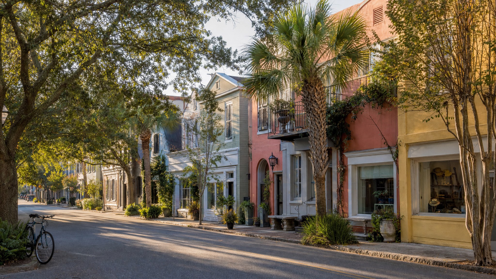 Colorful coastal streetscape beneath live oak trees