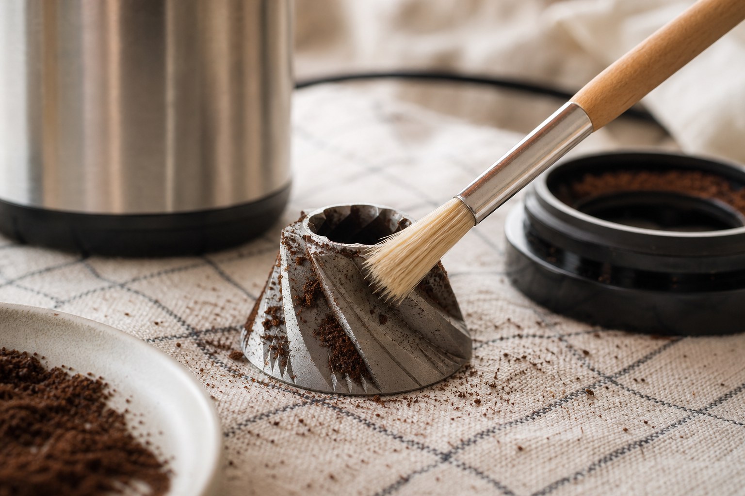 A brush clearing dry coffee grounds from removable burrs