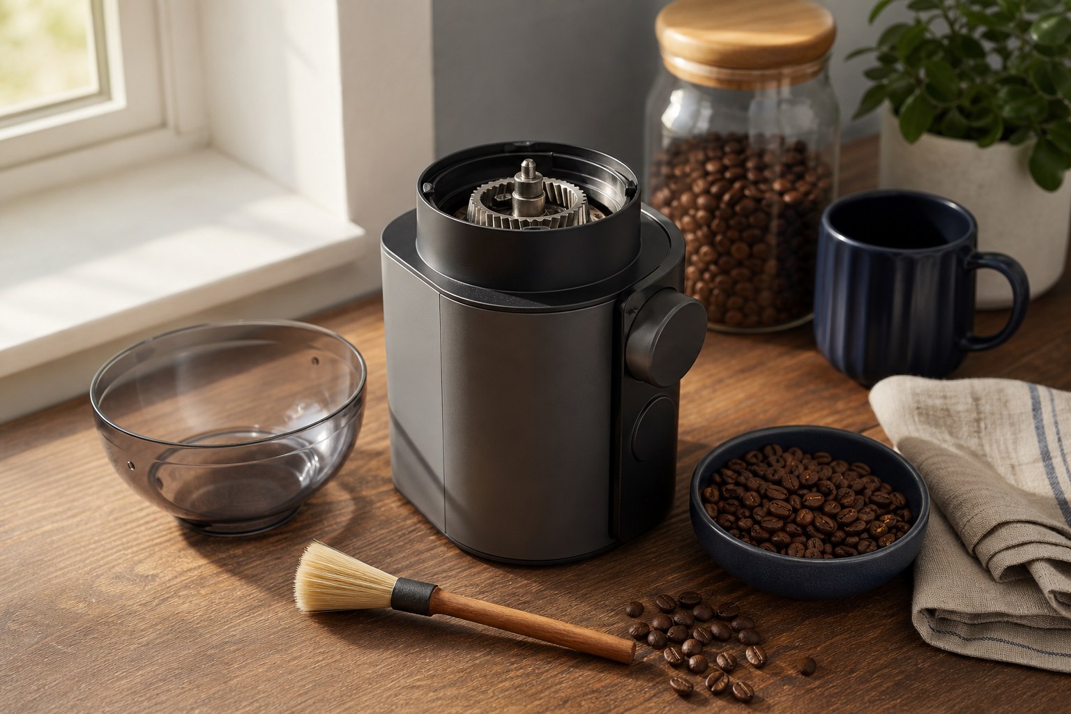 A home coffee grinder, whole beans, and a cleaning brush on a kitchen counter