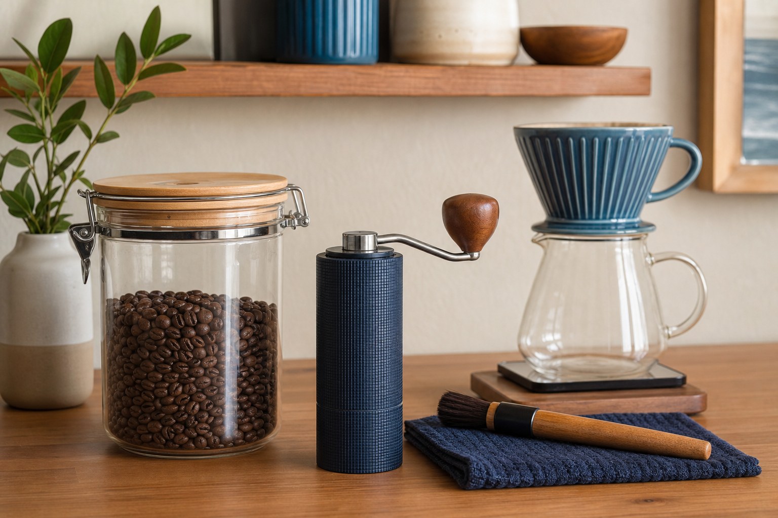 Whole coffee beans, a hand grinder, and a pour-over dripper arranged for a home coffee routine