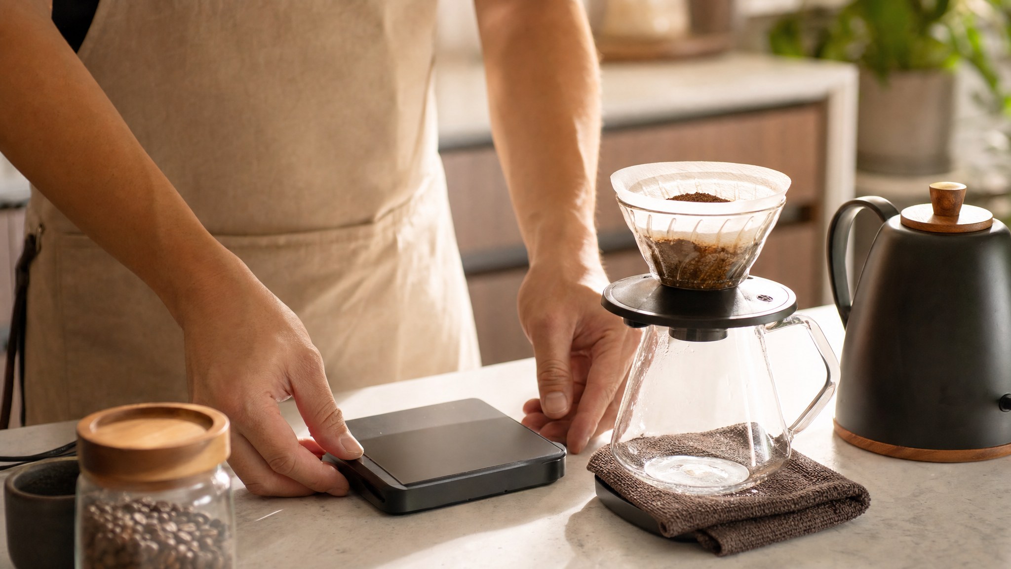 Home brewer setting a coffee scale beside a pour-over dripper and kettle