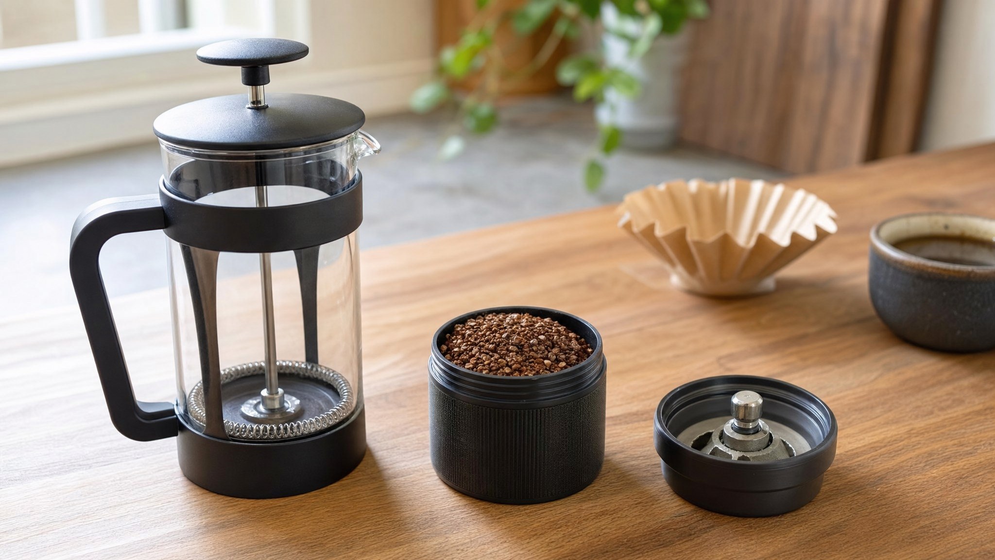 French press beside a grinder container filled with coarse coffee grounds