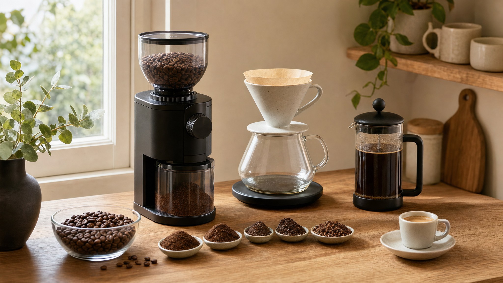 Coffee grinder, pour-over dripper, French press, and bowls of coffee grounds on a kitchen counter