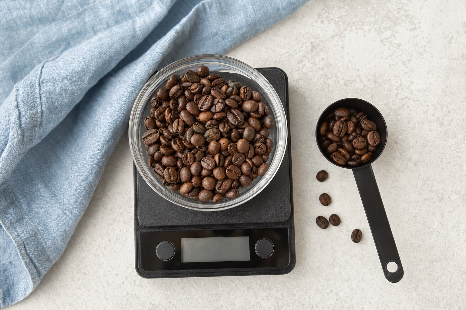 Coffee beans measured on a digital kitchen scale