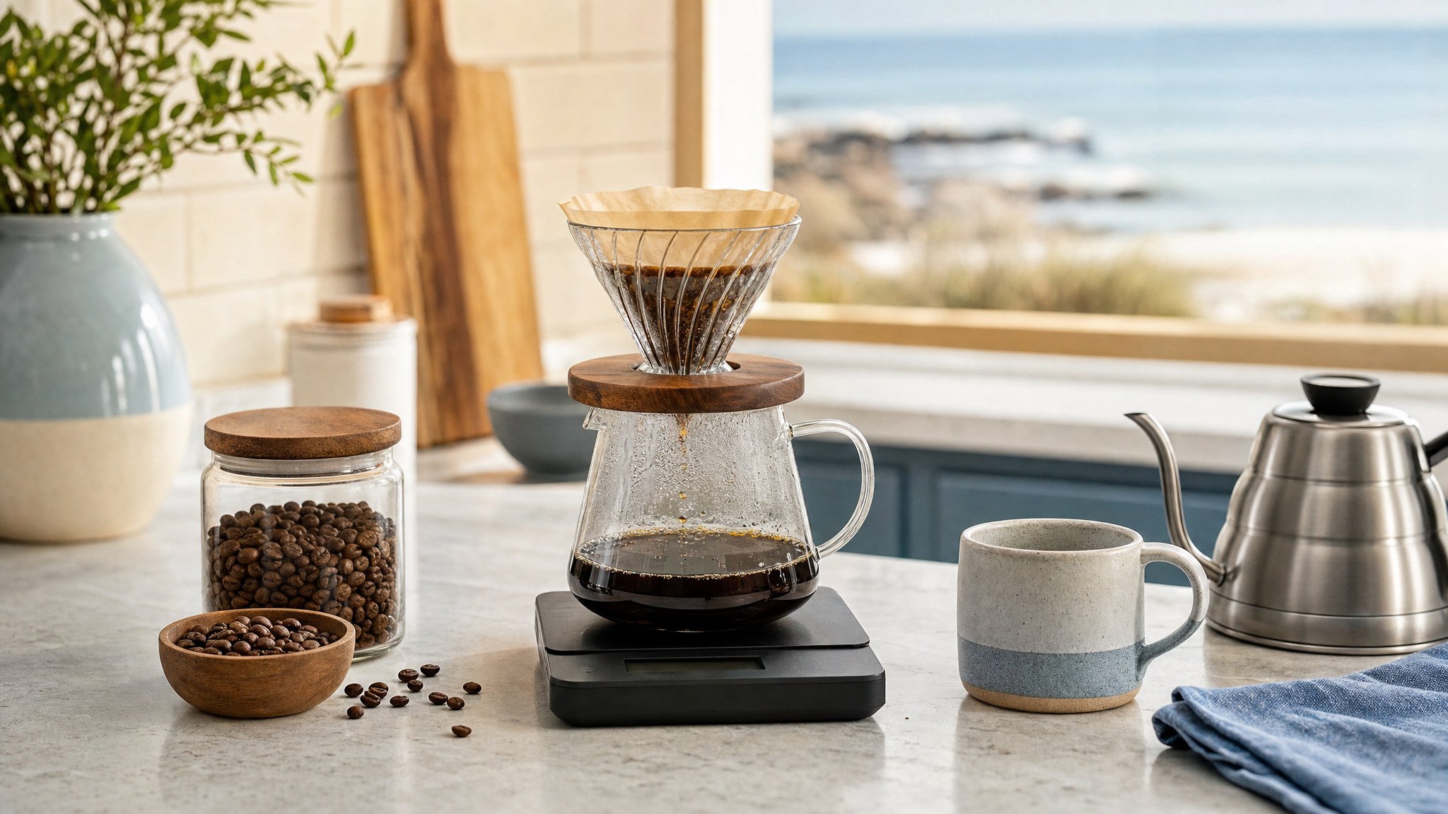 Pour-over coffee brewer, scale, beans, and kettle on a bright kitchen counter
