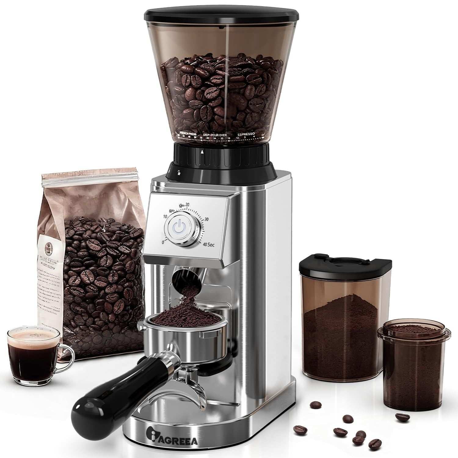 Stainless steel burr coffee grinder used to prepare fresh grounds for pour-over coffee