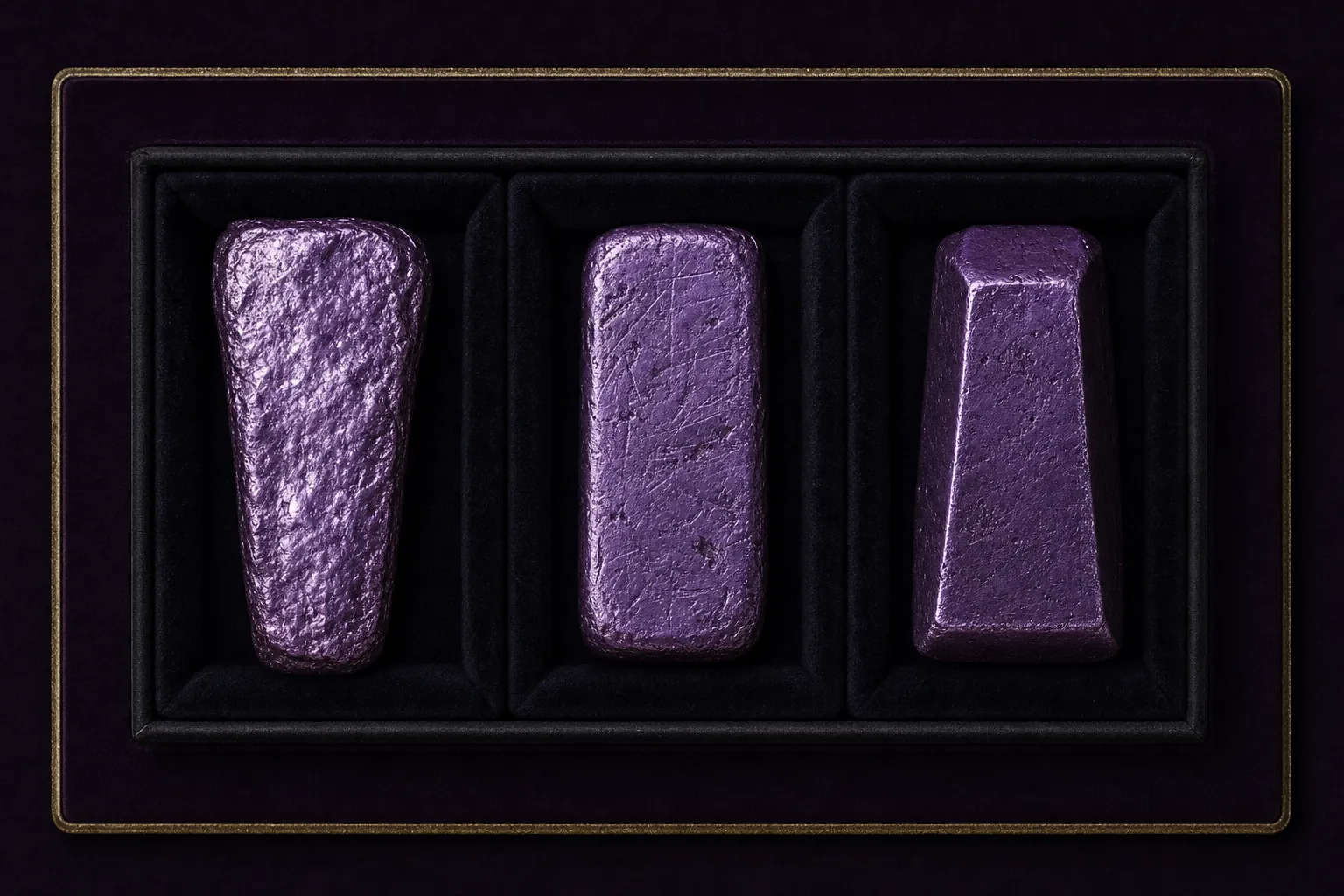 Three violet metal ingot forms arranged in a dark collection tray
