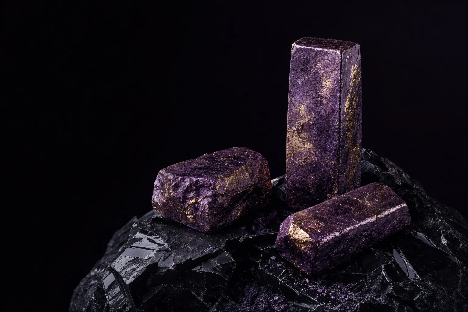 Three purple metallic ingot forms resting on black obsidian