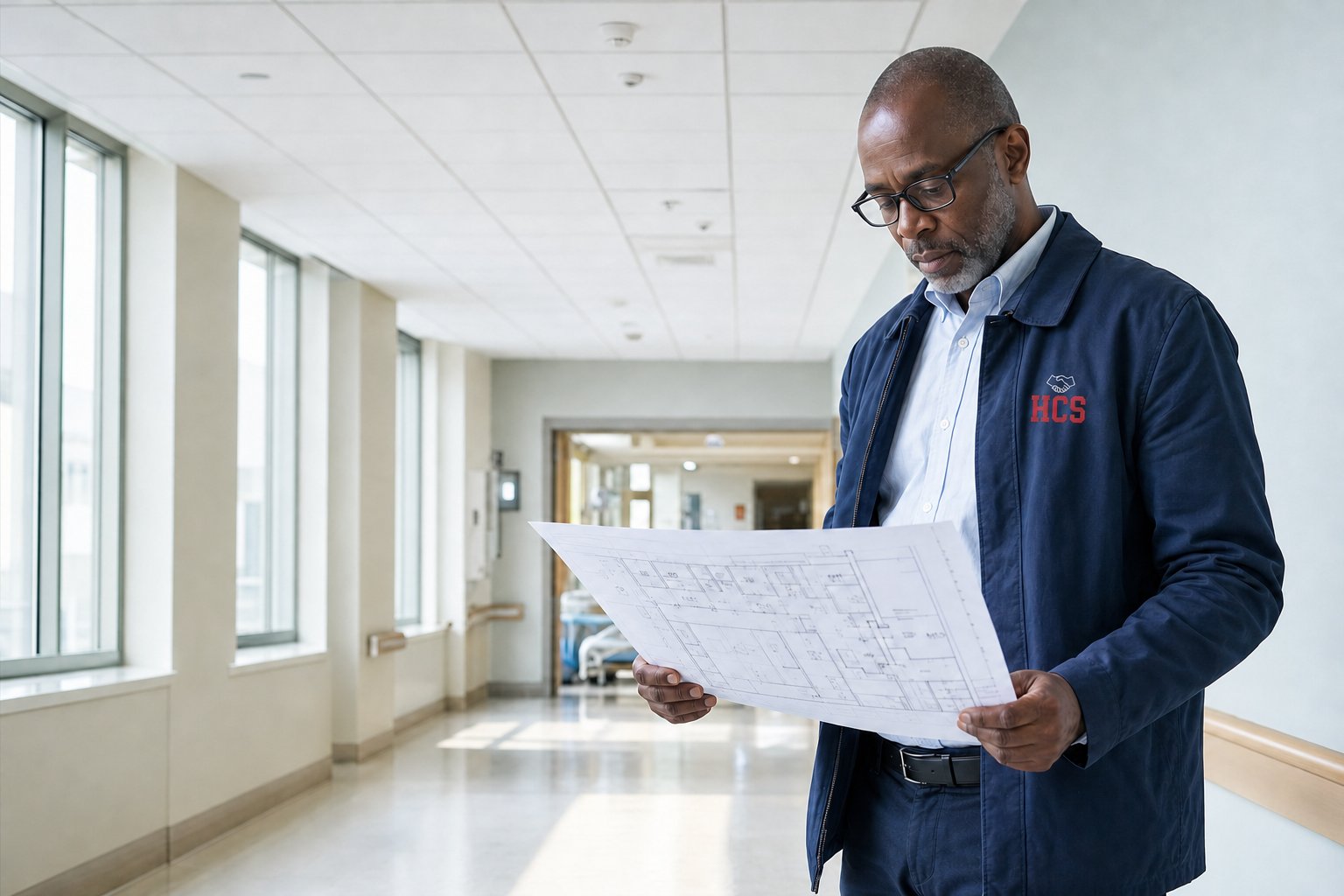 Safety consultant reviewing a life safety floor plan in a healthcare corridor