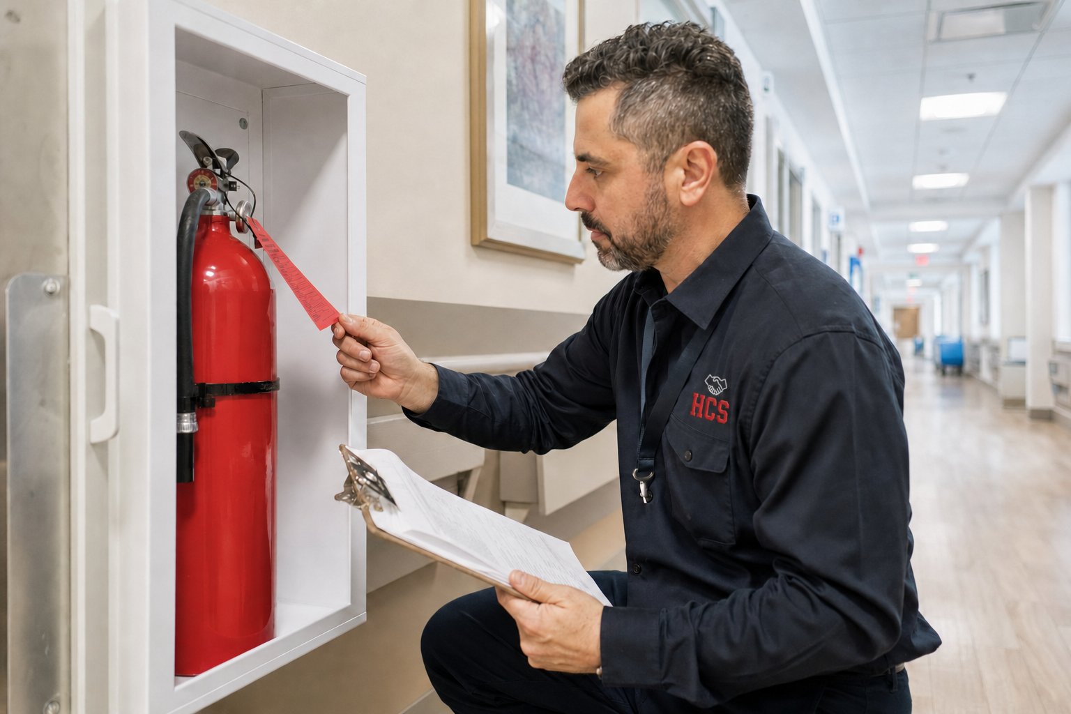 Safety professional wearing an HCS-branded shirt inspecting a fire extinguisher in a healthcare corridor