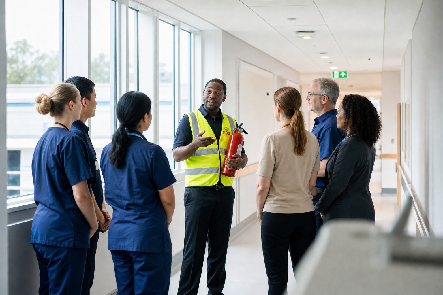 Safety specialist wearing an HCS-branded vest holding a fire extinguisher while briefing facilities staff