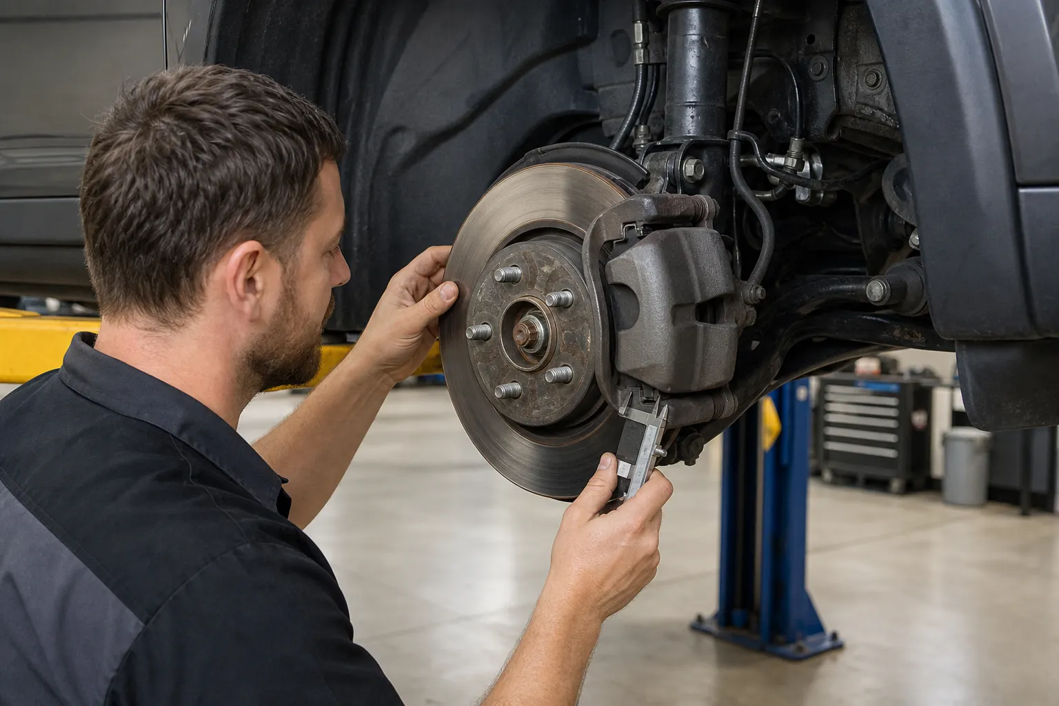 Technician inspecting an exposed brake rotor and caliper