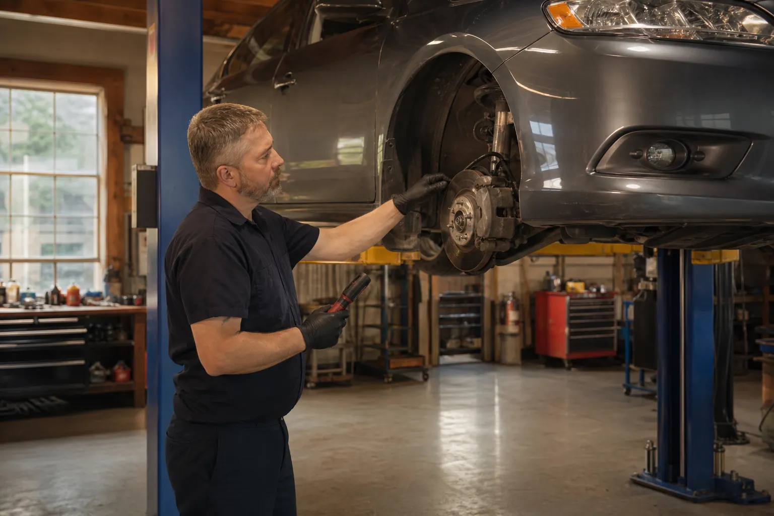 Technician inspecting a vehicle brake assembly on a lift