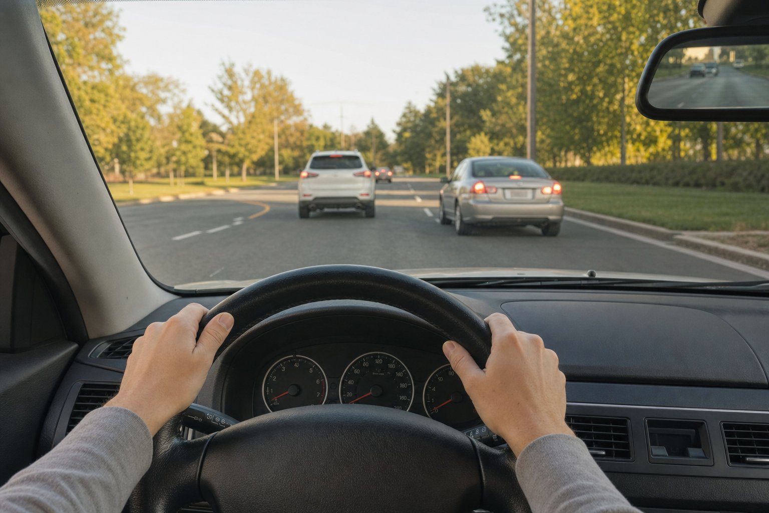 Driver holding a steering wheel while slowing down on a suburban road