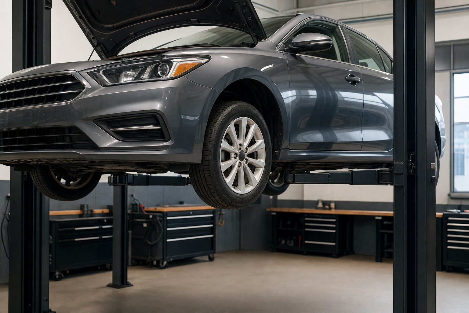 Car on a service lift with its hood open in a repair shop