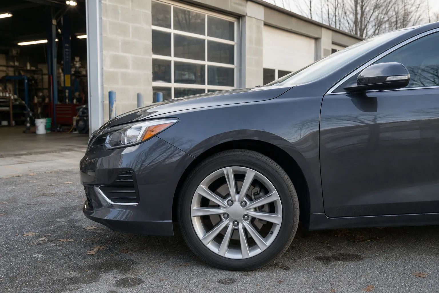 Front wheel of a sedan outside an auto repair garage