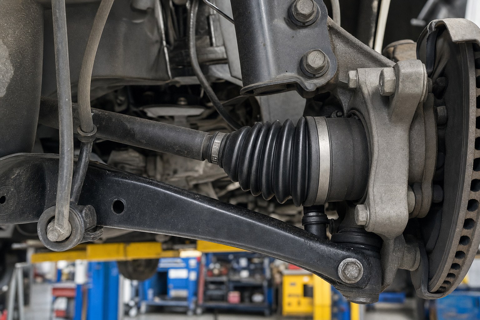 Close view of a front-wheel-drive CV axle and suspension components on a vehicle lift