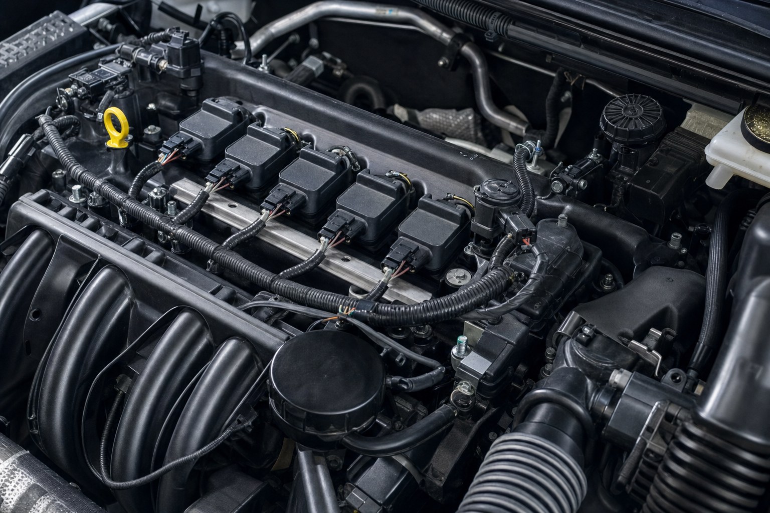 Close view of ignition coils, wiring, and intake components in a car engine bay