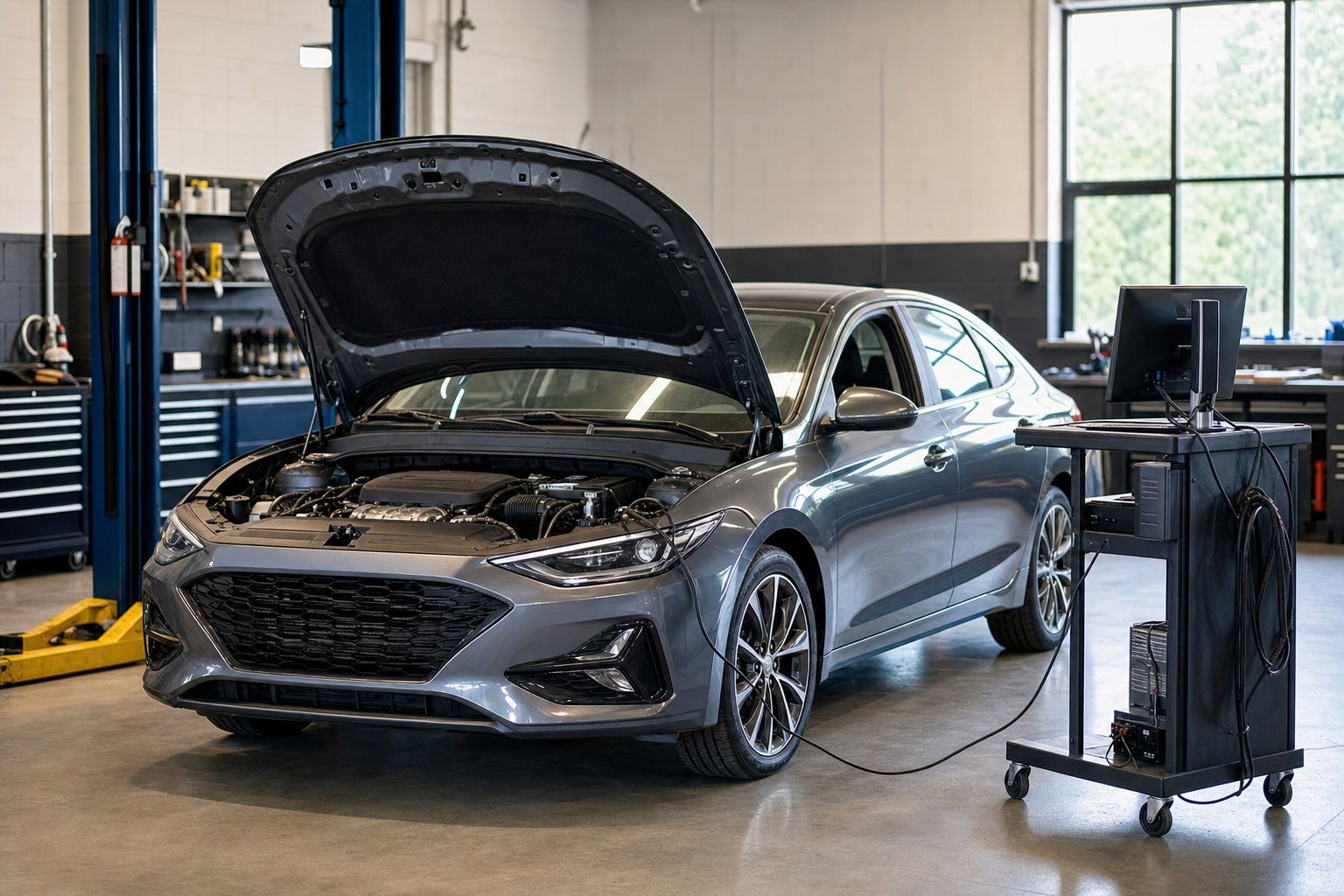 Car with its hood open beside diagnostic equipment in a repair shop