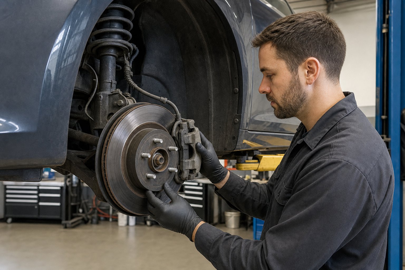 Technician inspecting a front brake caliper and rotor on a vehicle lift
