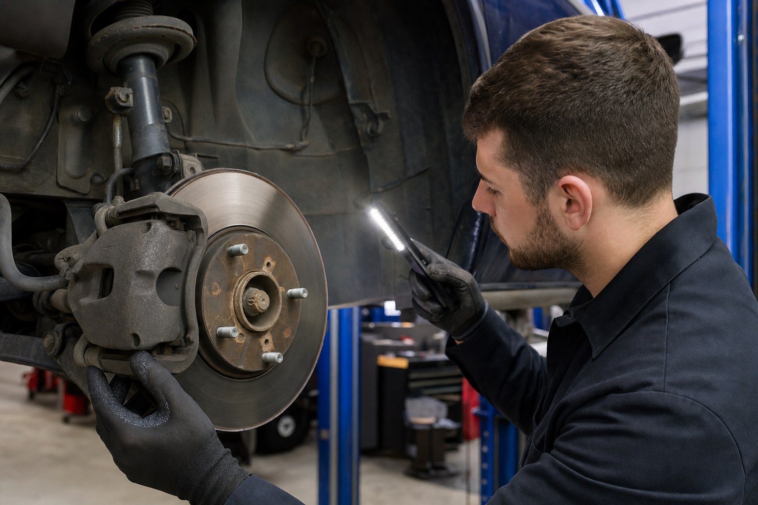 Technician inspecting a front brake rotor and caliper