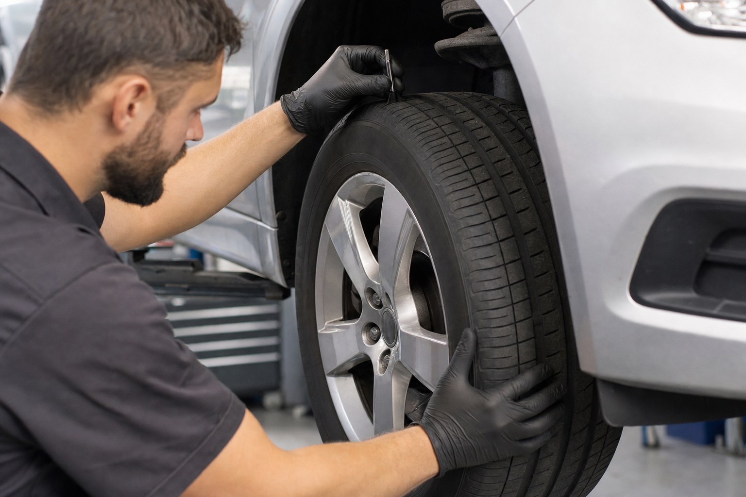 Technician checking the tread of a front tire and wheel
