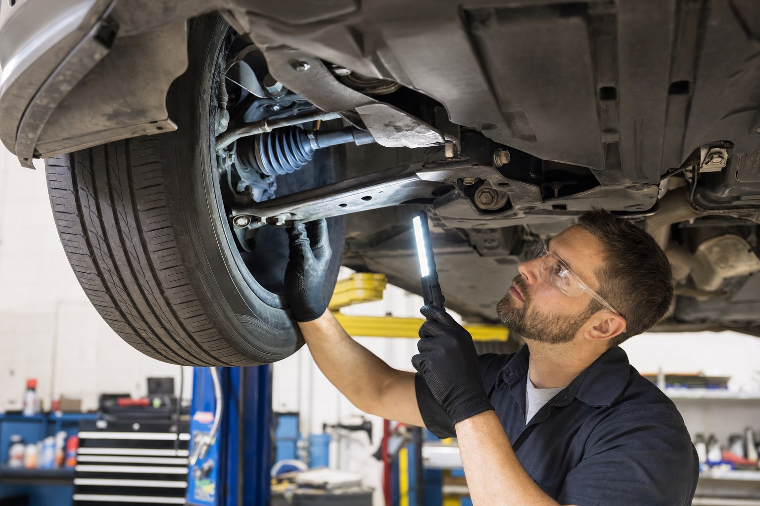 Technician inspecting front steering and suspension components beneath a vehicle