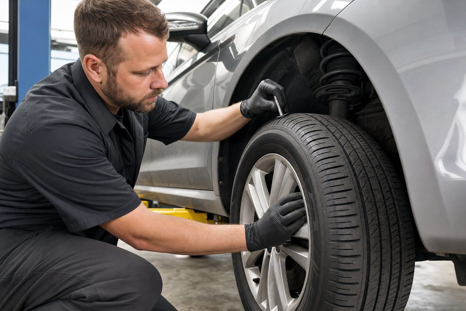 Technician checking a front tire with a tread-depth gauge in a service bay