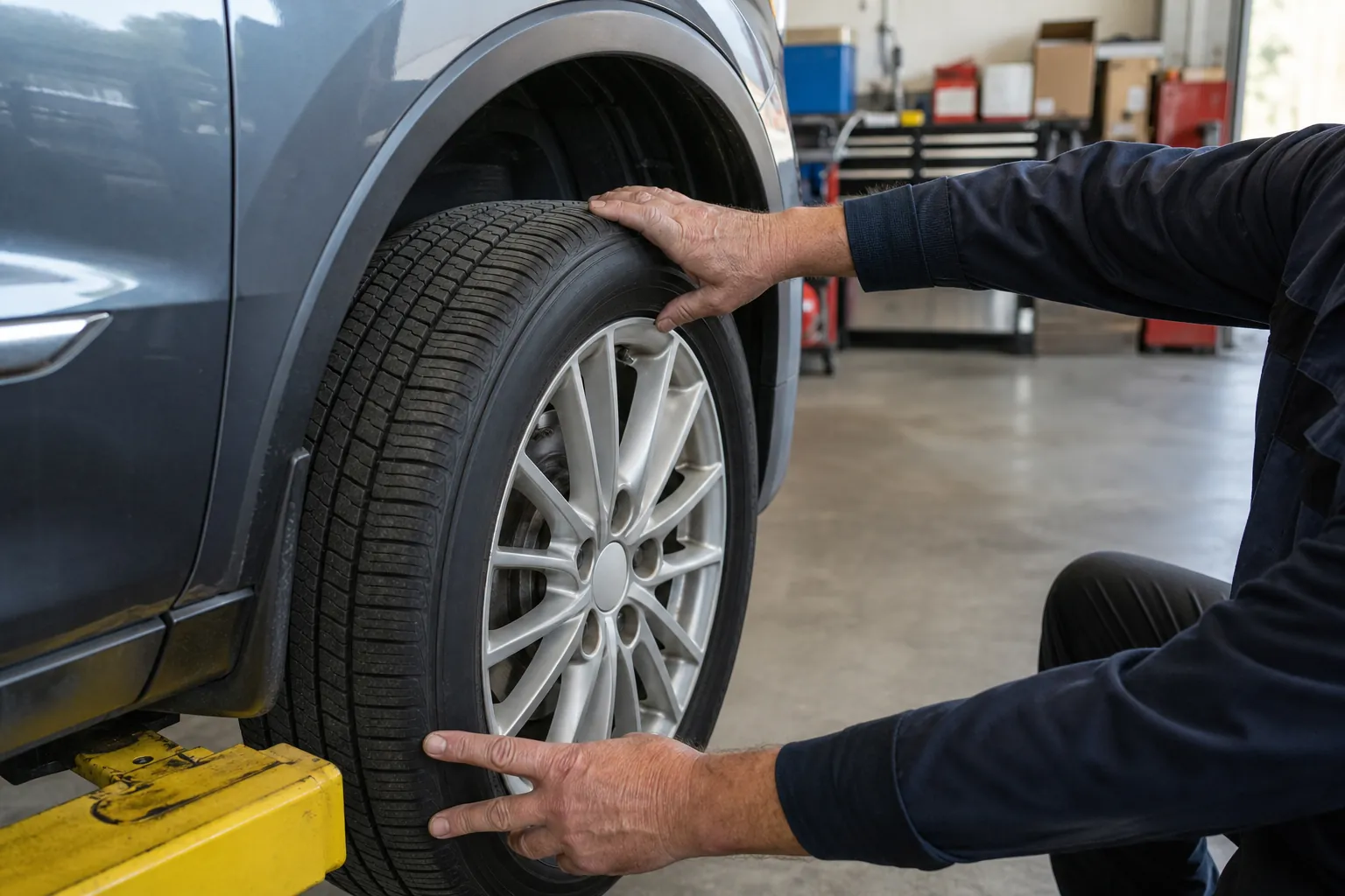 Technician inspecting a vehicle tire and wheel in a service bay