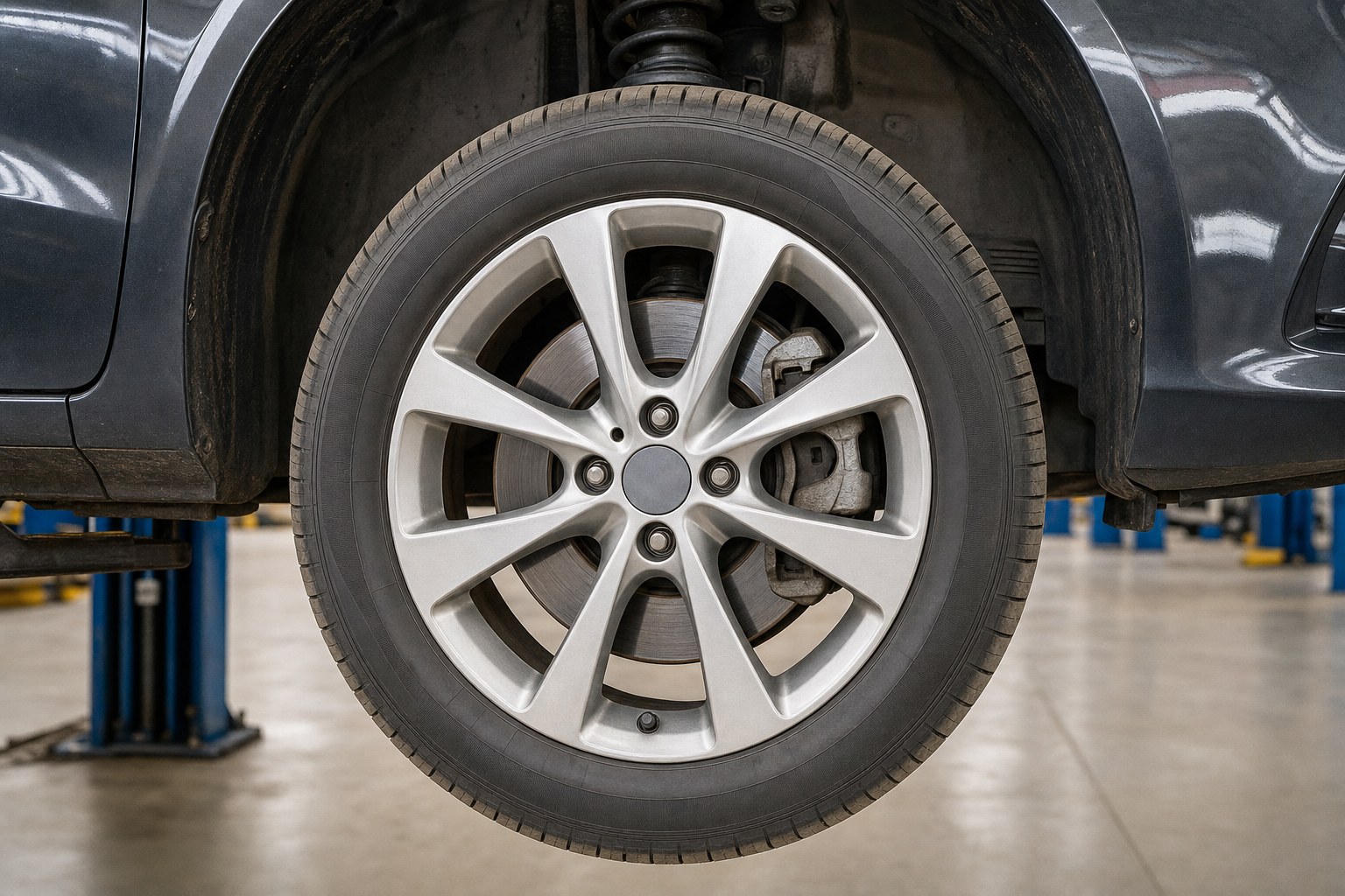 Front wheel, tire, and brake assembly on a car in a service bay