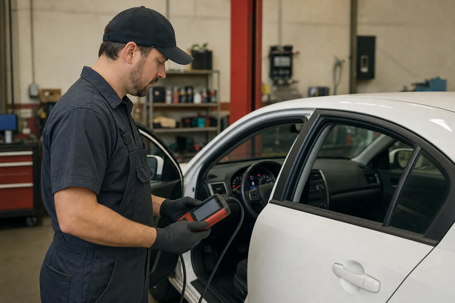Technician using a diagnostic scanner beside a vehicle