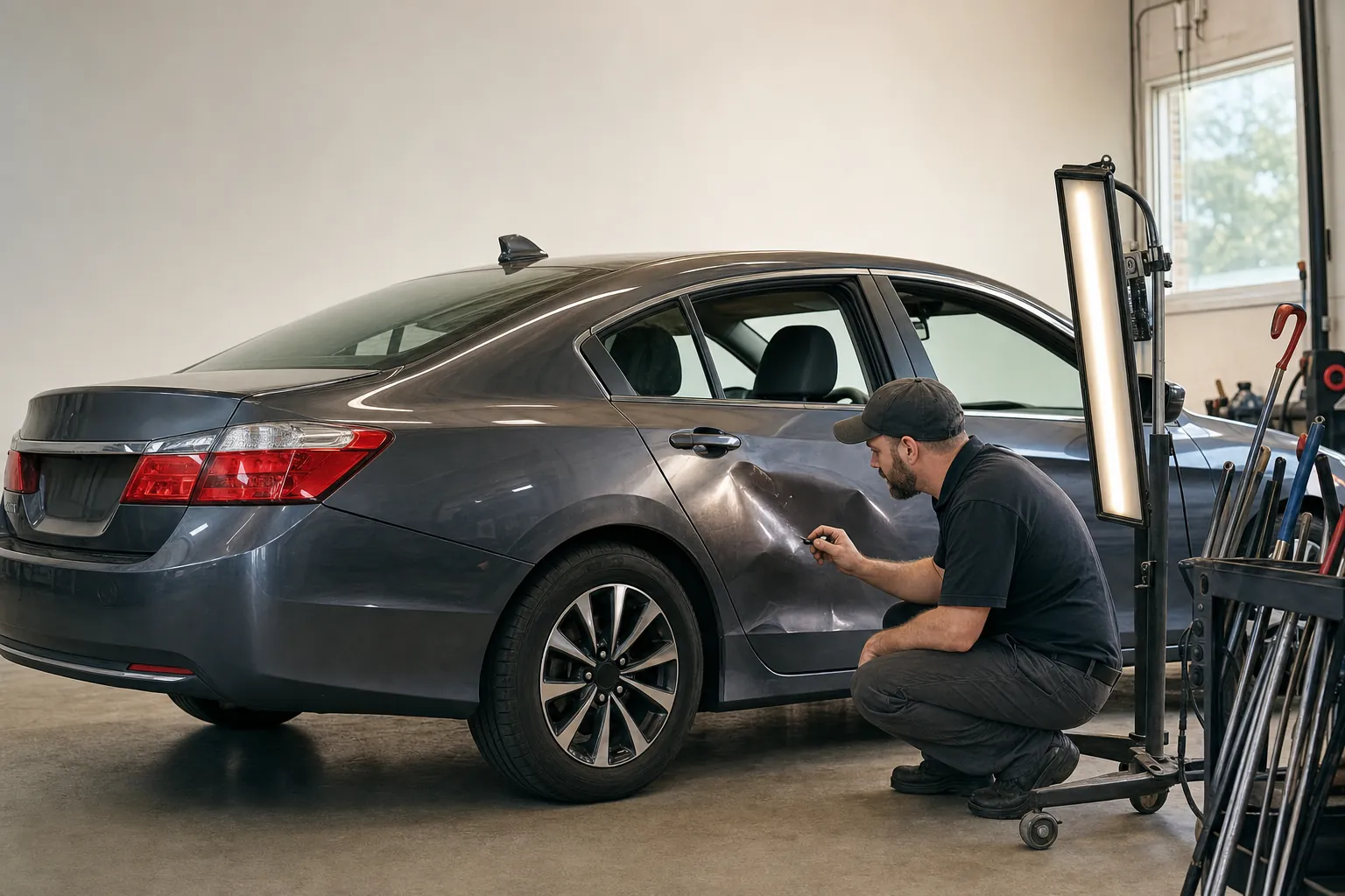 Technician inspecting collision damage on a vehicle door