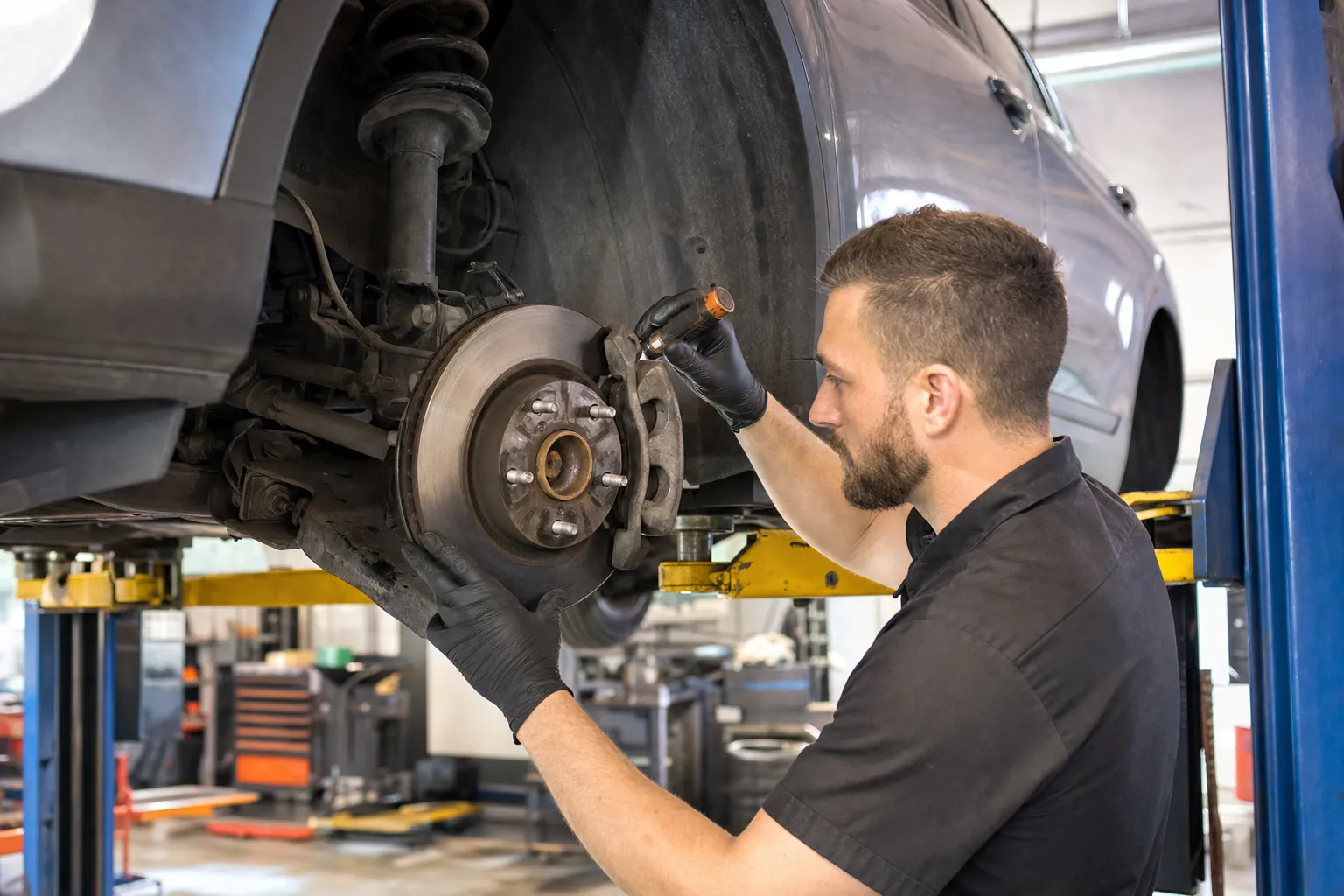 Technician inspecting a brake and suspension assembly