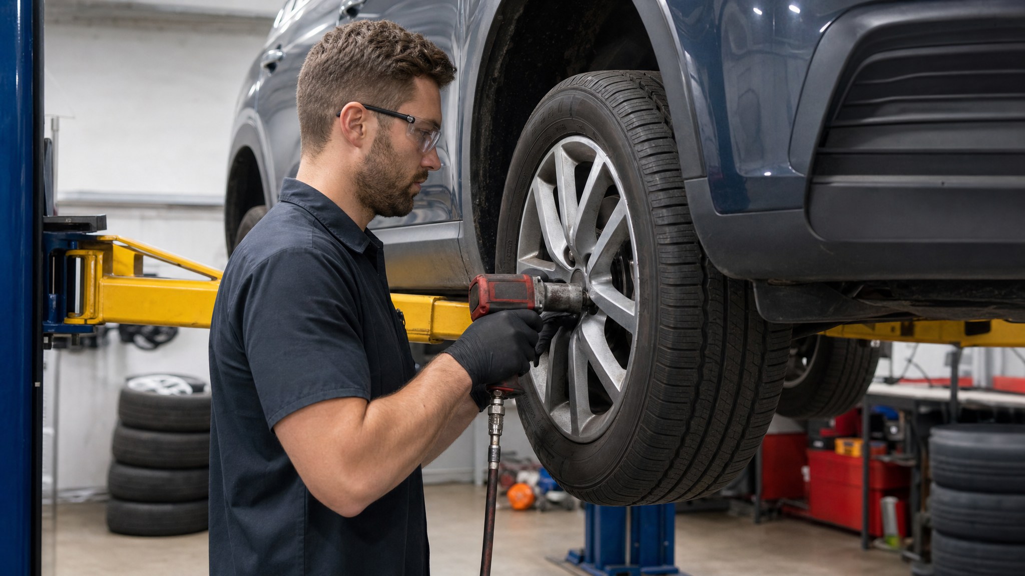 Technician rotating a wheel on a vehicle raised in a service bay
