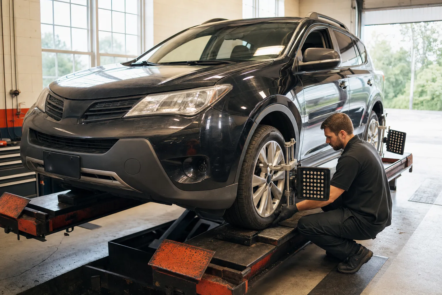 Vehicle positioned for tire and wheel alignment service