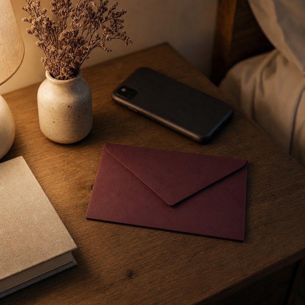 A plum envelope and face-down phone on a softly lit bedside table