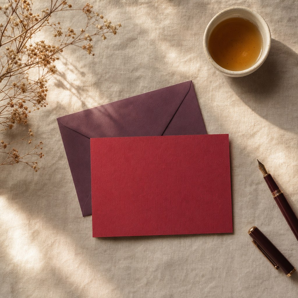 A blank raspberry note card, plum envelope, pen, and tea on cream linen