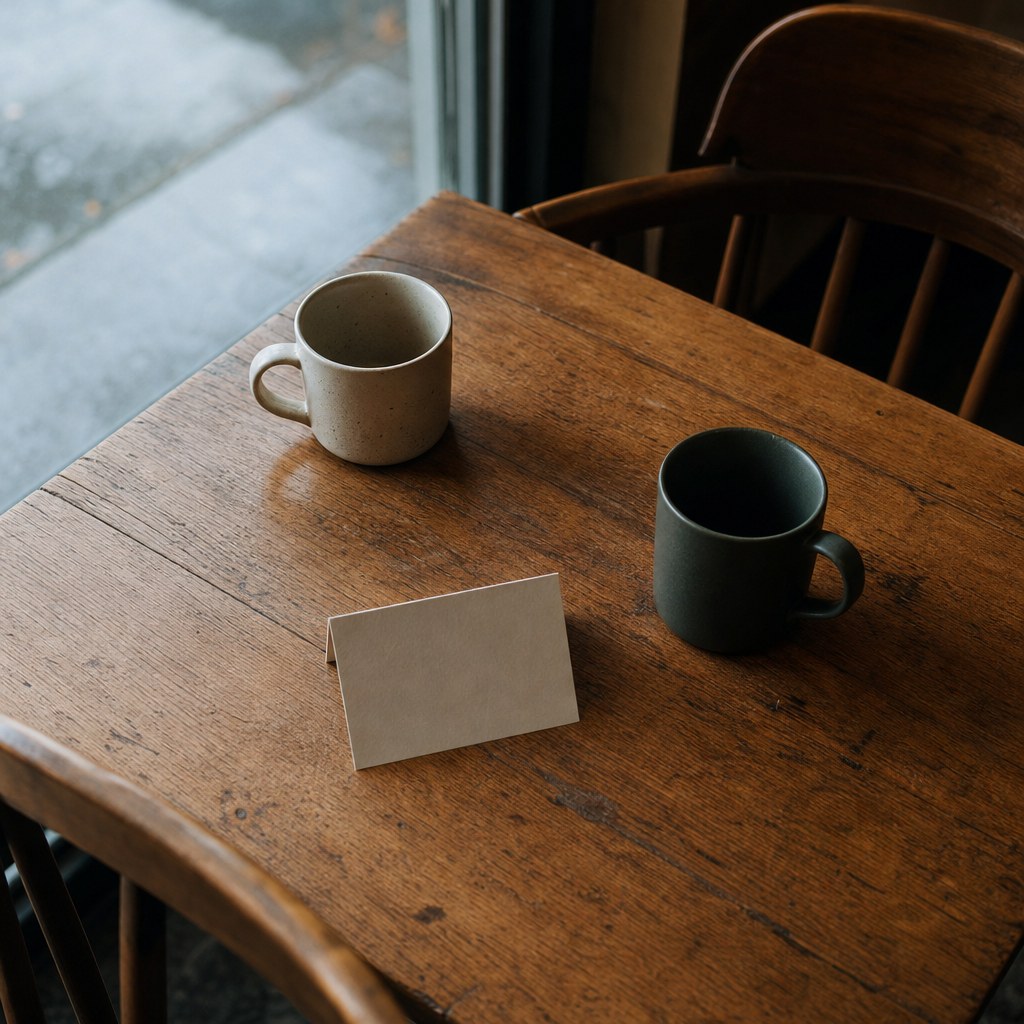 Two mugs and a blank note card waiting on a wooden cafe table
