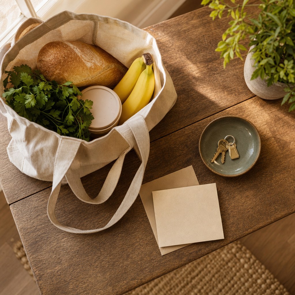 A grocery tote, blank card, and keys on a warm wooden entry table