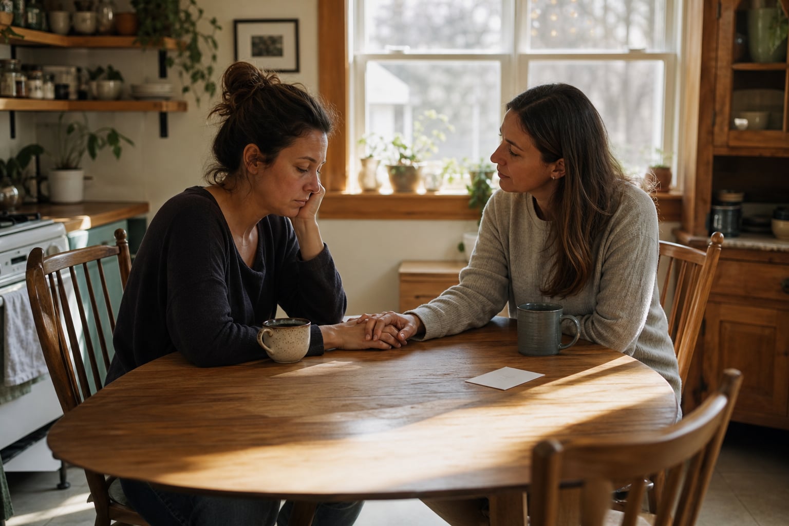 A friend offers a comforting hand to a woman at a kitchen table