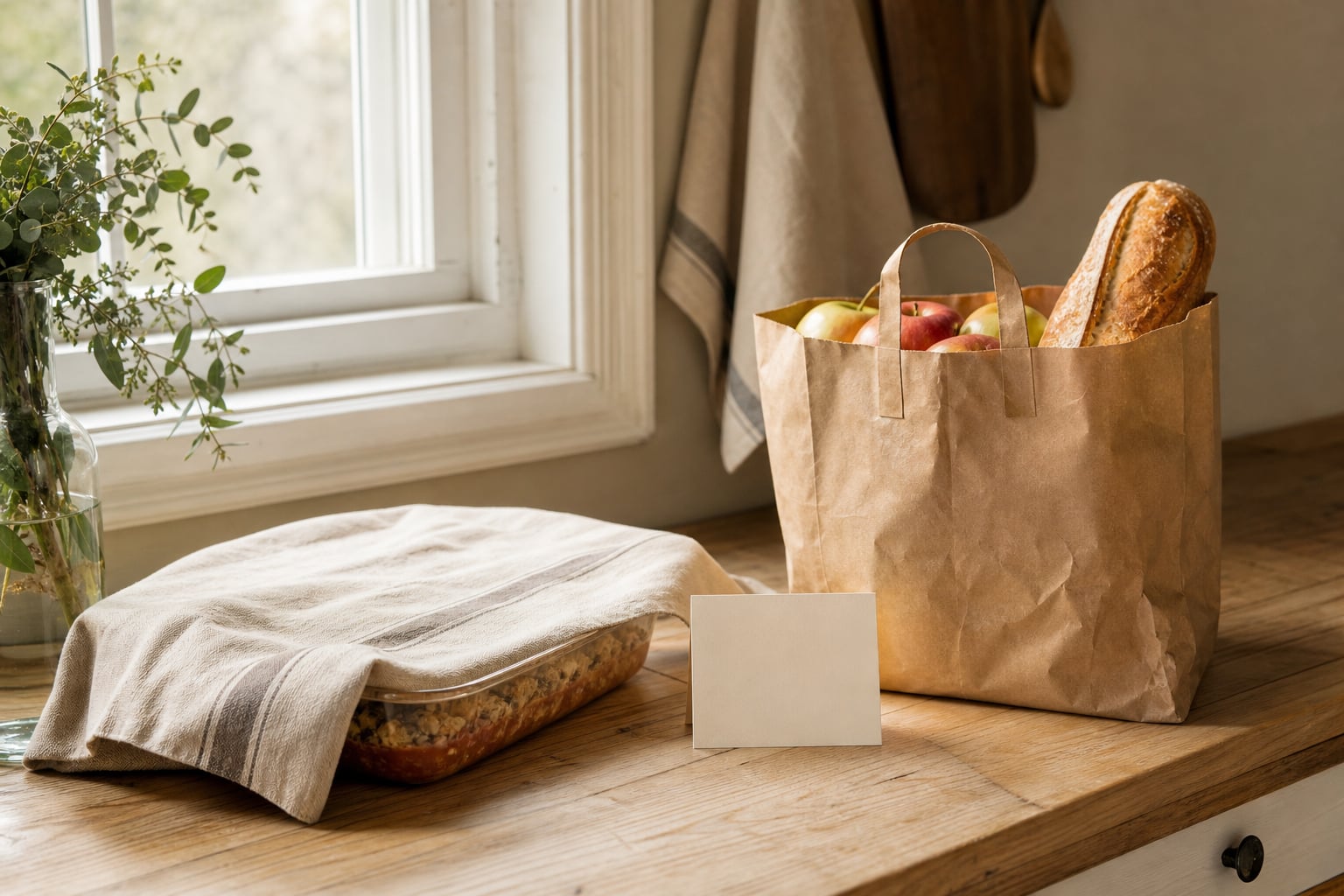A prepared meal, groceries and a blank note ready to offer a friend