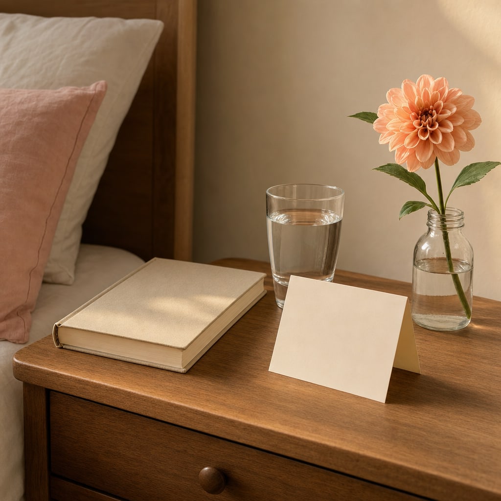 A book, water glass, folded note, and peach-colored flower on a home table