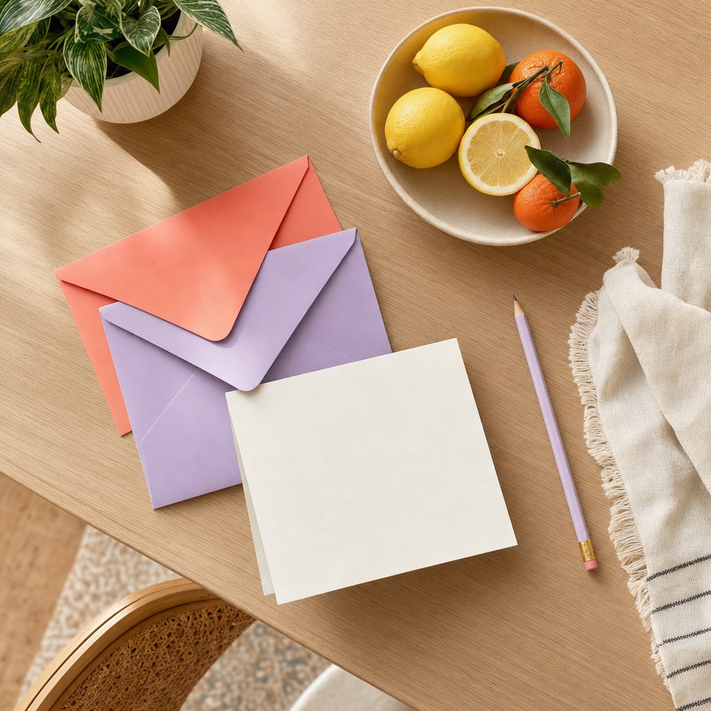 Colorful envelopes, blank card, pencil, and citrus on a home desk