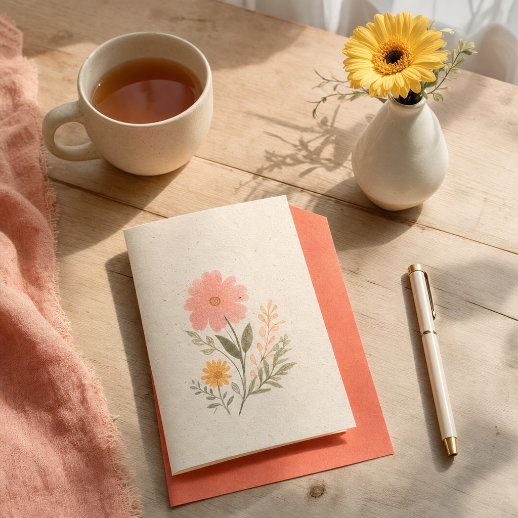 A folded blank card, tea, pen, and yellow flower on a sunlit table