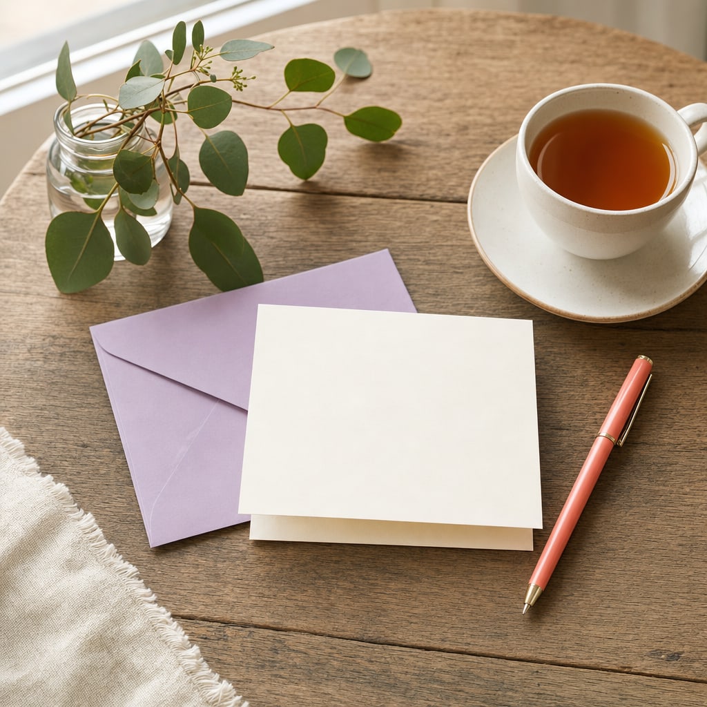 A blank folded card, tea, pen, and greenery on a bright table