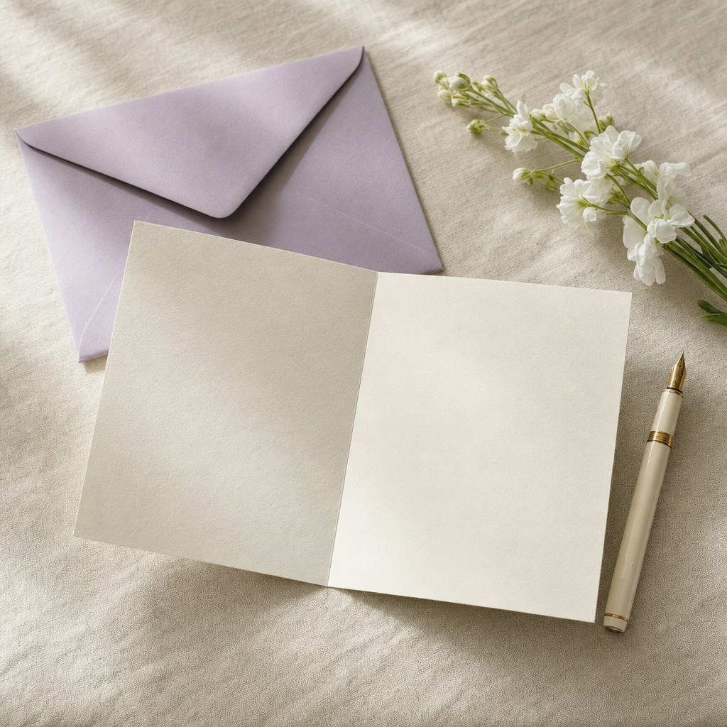 An open blank sympathy card, lavender envelope, white flowers, and pen on linen