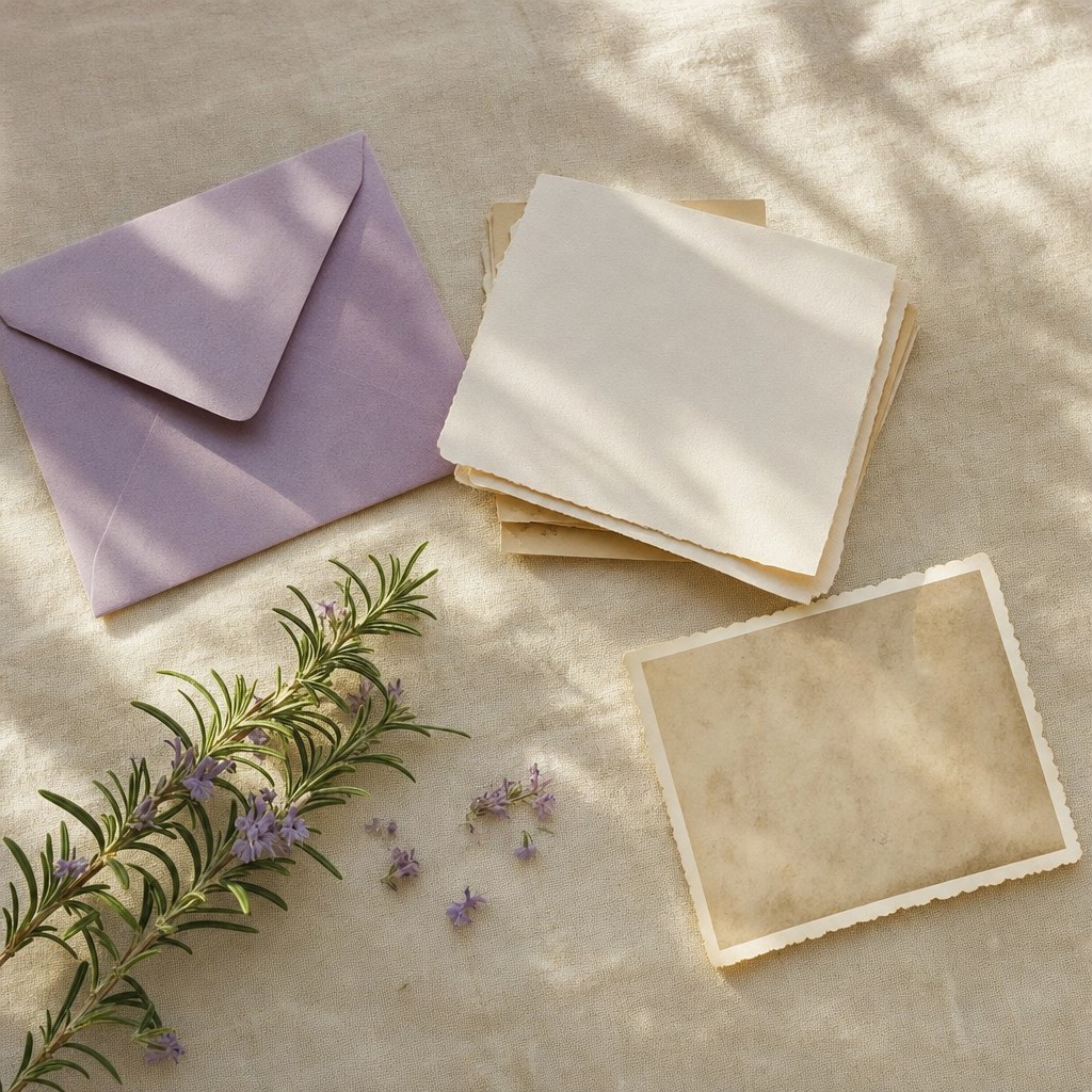 A plum envelope, handmade paper, and rosemary sprig on sunlit linen