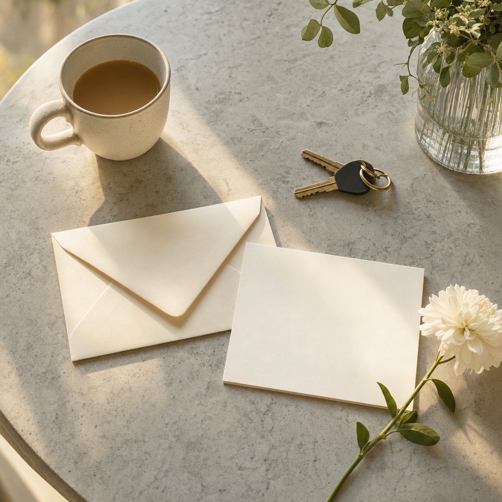 An ivory envelope, blank card, tea, house keys, and white flower on a pale stone table